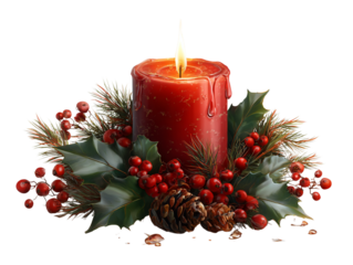 Elegant red Christmas candle with holly and pine cone accents isolated on transparent background