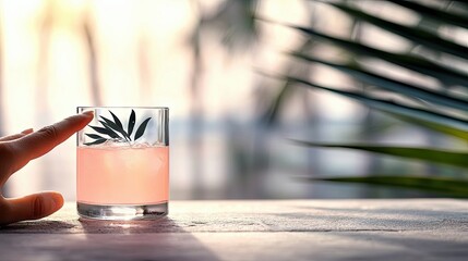 A close-up of a hand reaching towards a glass of pink liquid with ice and a green garnish. The background is blurred with tropical foliage and soft golden light