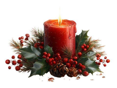 Elegant red Christmas candle with holly and pine cone accents isolated on transparent background