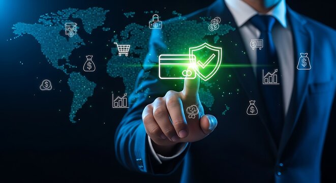 Businessman touches virtual shield protecting credit card data on world map, symbolizing cybersecurity and financial safety in the digital age.