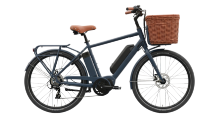 Blue electric bicycle with basket isolated PNG, modern ebike for urban commuting and sustainable transportation on transparent background