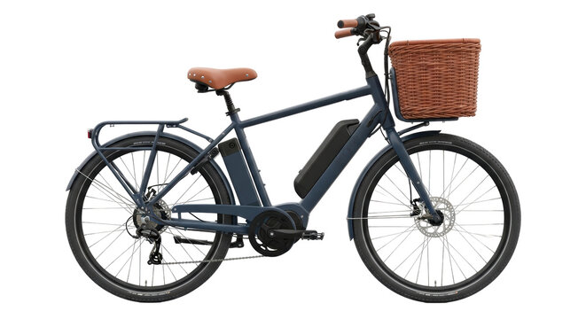 Blue electric bicycle with basket isolated PNG, modern ebike for urban commuting and sustainable transportation on transparent background