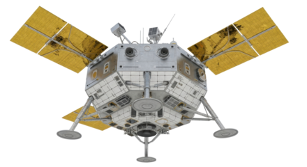 Detailed lunar lander PNG isolated on transparent background, spacecraft model for space exploration and science fiction projects