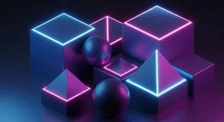 Futuristic Geometry. Neon Tech Shapes Background.