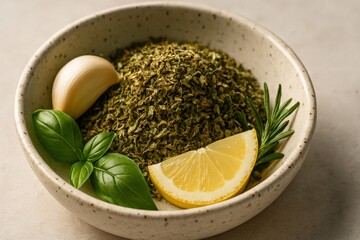 Dried herbs with basil, lemon, garlic, and rosemary in a ceramic bowl.