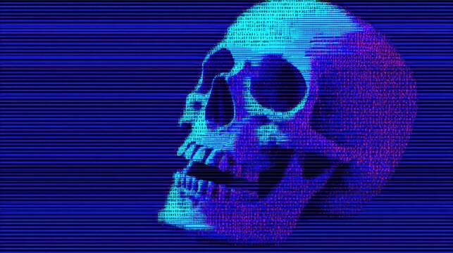 Digital Skull Representing Cybercrime Threat in Glitchy Binary Code Against Dark Background