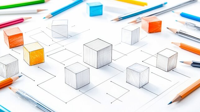 A top-down view of a white paper with a hand-drawn network diagram connecting various cubes. Some cubes are colored orange and yellow, while others are sketched