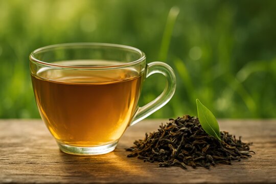 A cup of freshly brewed tea sitting on a wood surface with green backdrop. - Powered by Adobe