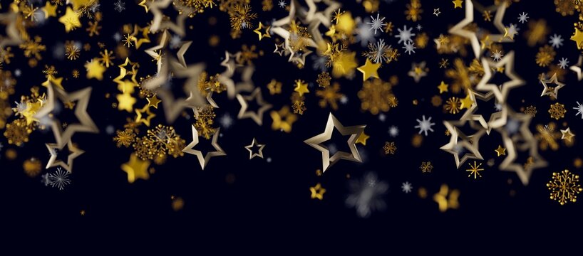 Abstract and elegant Christmas or New Year background with floating gold stars and snowflakes on a dark blue backdrop. P