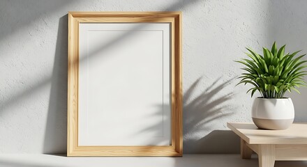 Showcase your art or designs with this elegant frame mockup. The soft light and modern plant create a stylish, inviting space for your creative work.