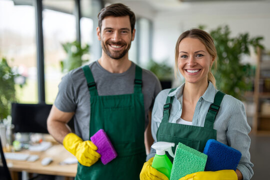 Cheerful young professionals smile in this image while holding cleaning supplies in a modern workspace. Dressed in green overalls with colorful gloves, they embody a positive atmosphere. Bright