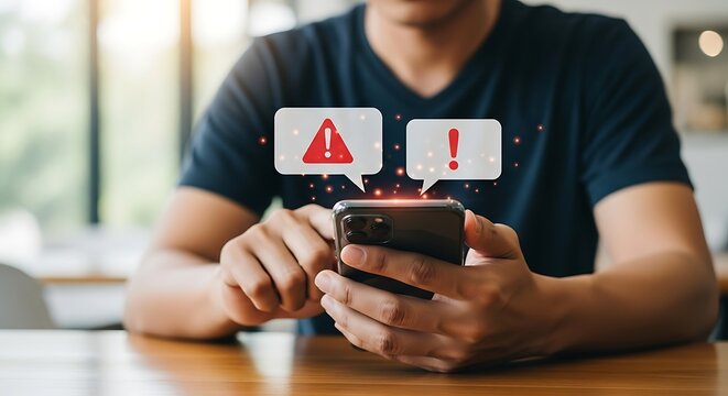 Man receives error message on smartphone while sitting at wooden table in bright living room, highlighting potential security breach and need for immediate attention.