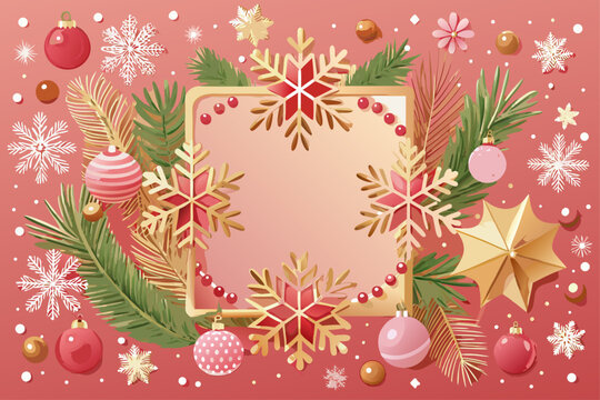 A festive Christmas decorative frame with delicate snowflakes, pink background, and golden decorations on the sides, presented in top view, with enough copy space for your holiday.