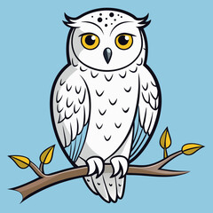 Cute snowy owl perched on a branch with yellow leaves