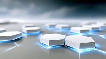 Abstract digital art featuring a network of white hexagonal shapes connected by glowing blue lines, suggesting technology and data flow.