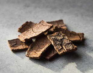 Closeup of Chunks of Bark Texture on a Concrete Surface  Organic, Natural, Detailed, Brown, Rustic, Dried, Rough, Macro, Material.