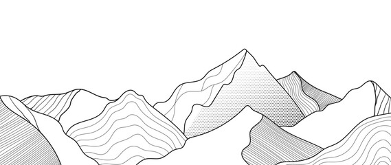 Naklejka premium Mountain landscape vector line illustration with black contour peaks and flowing terrain shapes — adventure nature design for hiking, outdoor travel and exploration