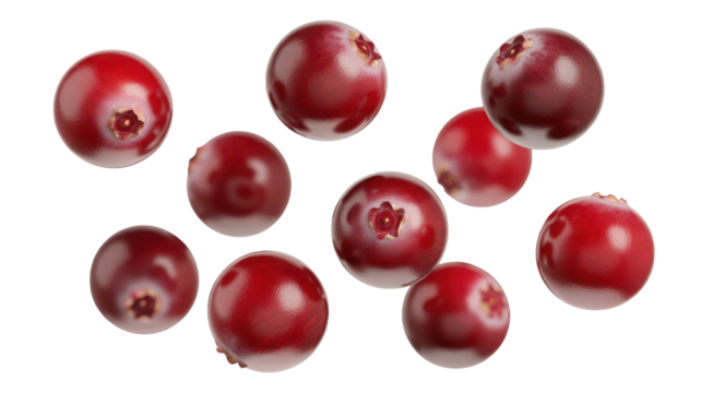 Scattered fresh red cranberries isolated on transparent background