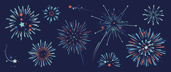 Fototapeta na wymiar Colorful fireworks vector illustration with blue red and orange sparkling bursts and star elements on dark night background — festive celebration design for holiday decor and greeting cards