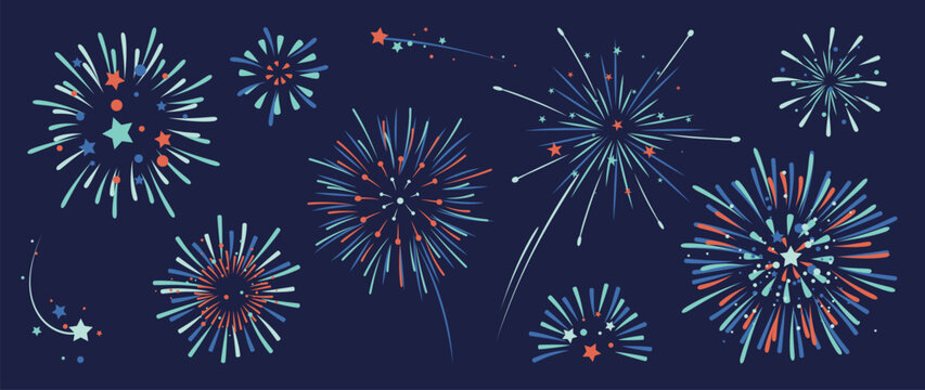 Colorful fireworks vector illustration with blue red and orange sparkling bursts and star elements on dark night background &mdash; festive celebration design for holiday decor and greeting cards