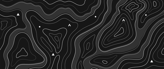 Topographic contour line vector background with dark grey terrain shapes and navigation markers — adventure outdoor map design for hiking, exploration and travel