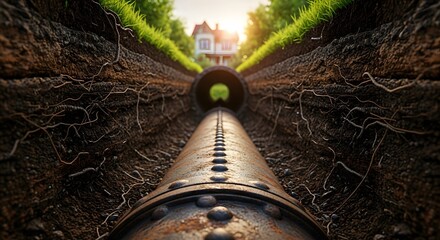 realistic underground perspective of a large water pipe running 