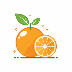 Vibrant Vector Illustration of a Whole Orange with Green Leaves and a Freshly Cut Orange Slice