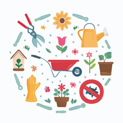 Vibrant Vector Illustration Featuring Essential Gardening Tools and Lush Plants in a Circular Layout