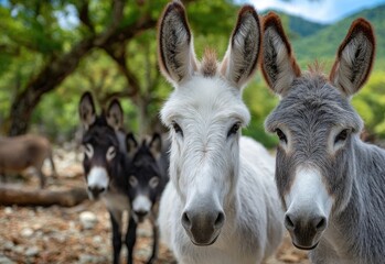 Fototapeta premium donkeys in the natural environment of a spanish finca, including one white donkey and two black ones