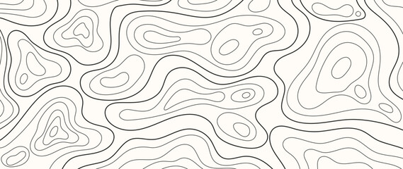 Topographic contour line vector background with abstract black flowing curves on white — minimal modern design for wallpaper, packaging and creative decoration