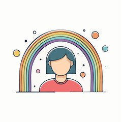 Stylized Vector Illustration of a Person with Blue Hair Beneath a Colorful Rainbow, Symbolizing Inclusivity