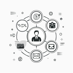 Vector Illustration of a User Surrounded by Business, Communication, and Data Ui ux Icons
