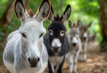 Fototapeta premium donkeys in the natural environment of a spanish finca, including one white donkey and two black ones
