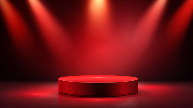 Red studio background. Abstract limbo podium studio room. Dark red gradient wall floor and spotlight scene. Showcase, promotion display. Vector stage mockup illustration
