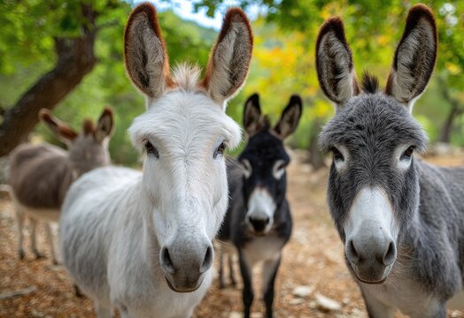 donkeys in the natural environment of a spanish finca, including one white donkey and two black ones