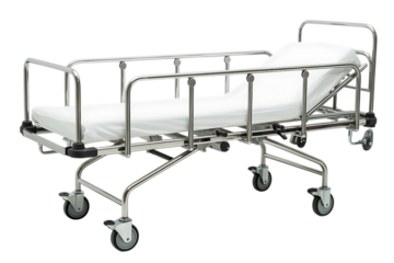 A detailed close up view of a stainless steel medical hospital gurney with a white mattress and pillow isolated on transparent background