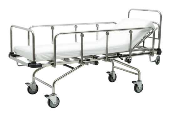 A detailed close up view of a stainless steel medical hospital gurney with a white mattress and pillow isolated on transparent background
