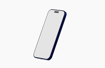 A close-up of a modern smartphone with a blue frame, blank screen and isolated on white, great for mockup, tech and desi