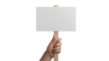 Hand holding blank white protest sign on a stick isolated on transparent background