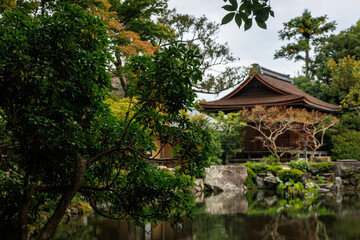 Traditional Japanese garden with pond and wooden pavilion