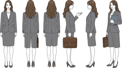 Vector Illustration Set of Businesswoman in a Gray Suit with Briefcase, Shown from Front, Back, and Side Views, Representing Corporate Professionalism, Office Work, and Career