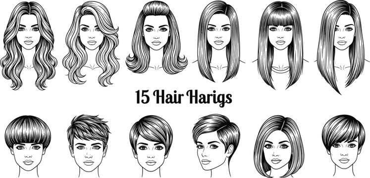 Set of Fifteen Hand-Drawn Black and White Line Art Vector Illustrations of Women's Diverse Hairstyles, Including Long, Bob, Pixie Cuts, and Various Fashionable Looks for Beauty Design