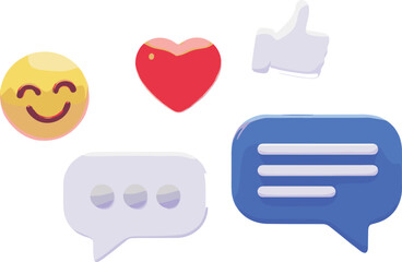 Fototapeta premium Cute 3D Vector Icon Set of Social Media Engagement Reactions, Including Smiling Emoji, Heart Like, Thumbs Up, and Speech Bubbles, Representing Communication and Online Feedback