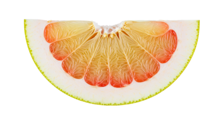 Grapefruit slice with greenish-yellow rind, thick white pith, and juicy segments in pink to yellow hues—vibrant citrus anatomy ideal for culinary or botanical reference