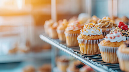 Assorted gourmet cupcakes with various delectable frostings and toppings beautifully displayed on bakery shelf under warm, inviting light