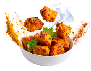 Floating Boti Tikka Chunks with Spices and Smoke Trail, Dramatic Composition, Transparent Background