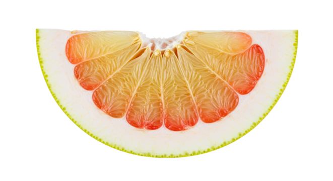 Grapefruit slice with greenish-yellow rind, thick white pith, and juicy segments in pink to yellow hues—vibrant citrus anatomy ideal for culinary or botanical reference