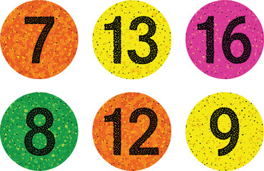 Colorful Vector Set of Textured Circular Buttons Featuring Numbers with Speckled Dots, Ideal for Badges, Price Tags, Calendar Dates, Lottery Games, and Retro Design Elements