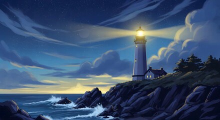 Lighthouse beam shines across ocean waves at dusk with starry sky coast