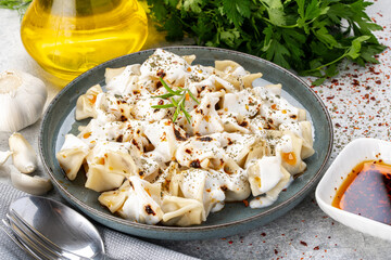 Traditional Turkish dish manti. Traditional dish made with handmade dough and minced meat.